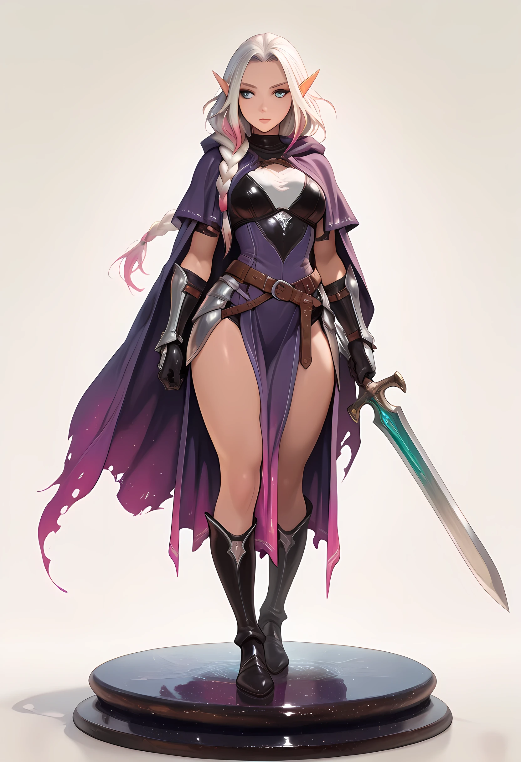 a glass figurine of a female elf, fantasy swashbuckler, fantasy fencer, armed with a slim sword, shinning sword, metallic shine, colorful clothes, dynamic clothing, full body (intense details, Masterpiece, best quality)epic beautiful female elf (intense details, Masterpiece, best quality), rich hair, braided hair, small pointed ears, action stance, holding a sword (intricate details, Masterpiece, best quality), purple cloak, long cloak, sense of daring, sense of adventure, h Masterpiece, best quality, amazing quality, hyper-detailed, newest, very aesthetic, full body, (ultra details, Masterpiece, best quality), realistic art, , realistic art, fantasy art, dnd art, fantasy art, glass figurine art, Colorful