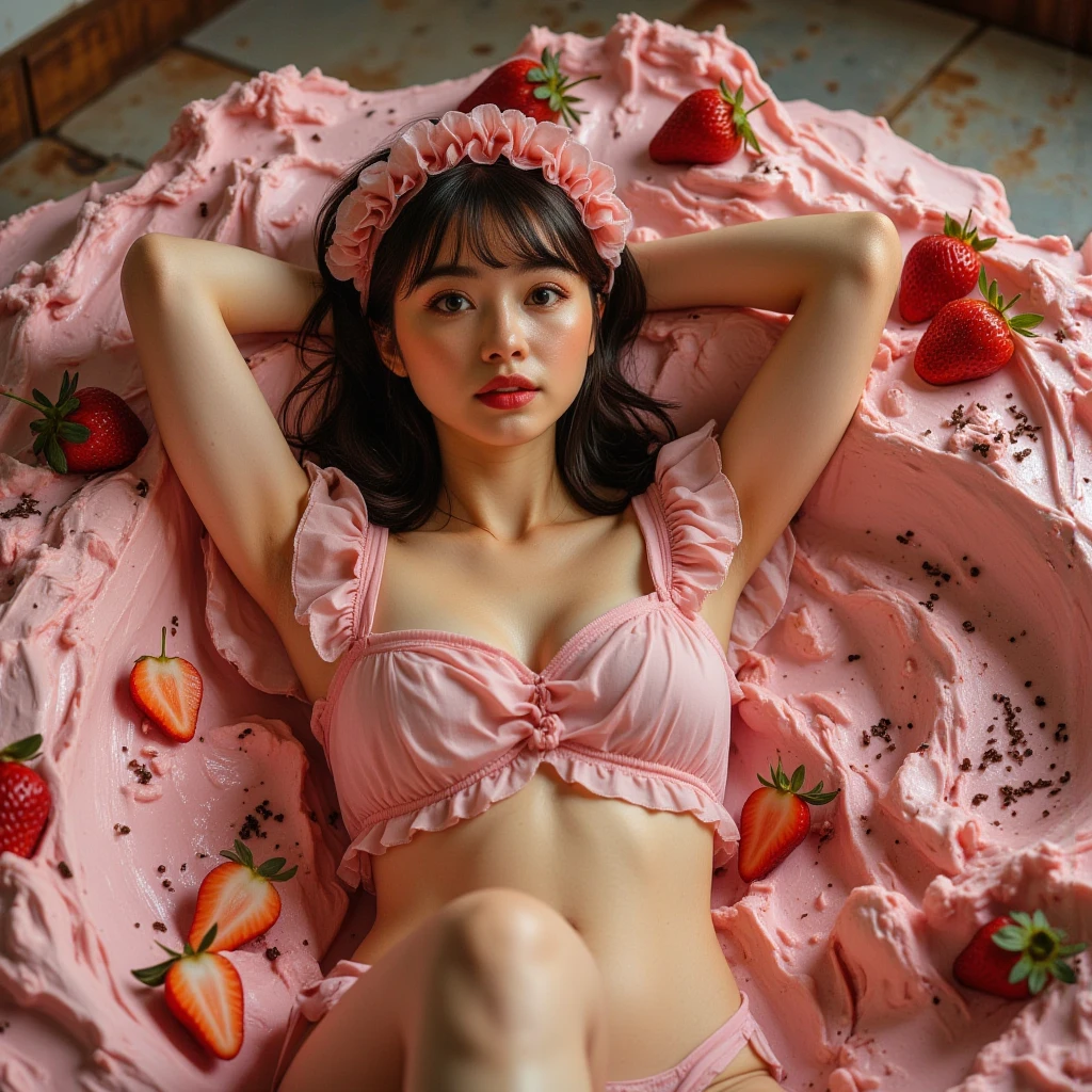 in 8K、超A high resolution、Best Quality、masutepiece、Beautiful face、A sexy)、Show me your whole body、(((Ebony Skin Woman:1.3)))、((Yakiniku Party))、(((It has pink pig ears on its head..、A woman wearing a brown high-leg leotard、sleeping lying on a platter。)))、short-hair、(Surrounded by men in suits:1.5)
