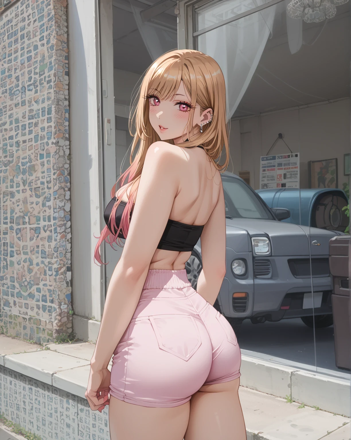 1fille, black skin, gyaru, cheveux long blond, yeux bleus, haut nue, back turned, big ass, string, school, Absurde, wink blushing, tire la langue High resolution, Ultra pointu, 8k, tmasterpiece, Regarder le spectateur