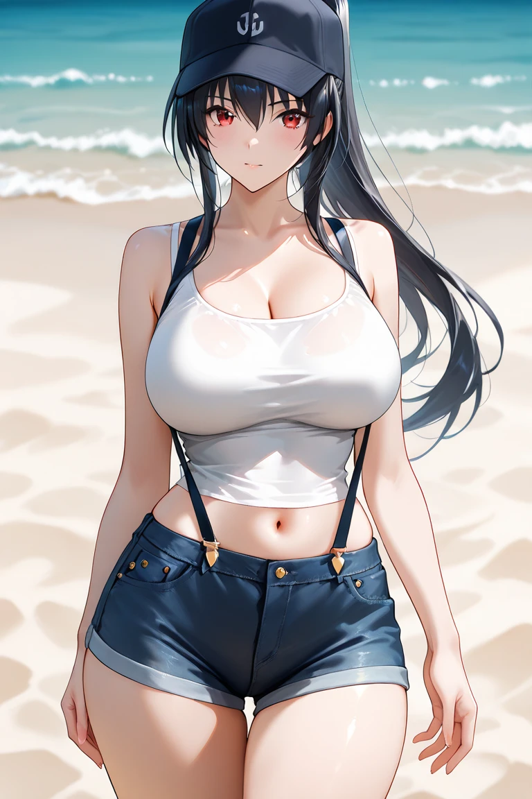 Masterpiece, best quality, beautiful girl, beautiful face, sea, black hair, white shirt, pants, big breasts,