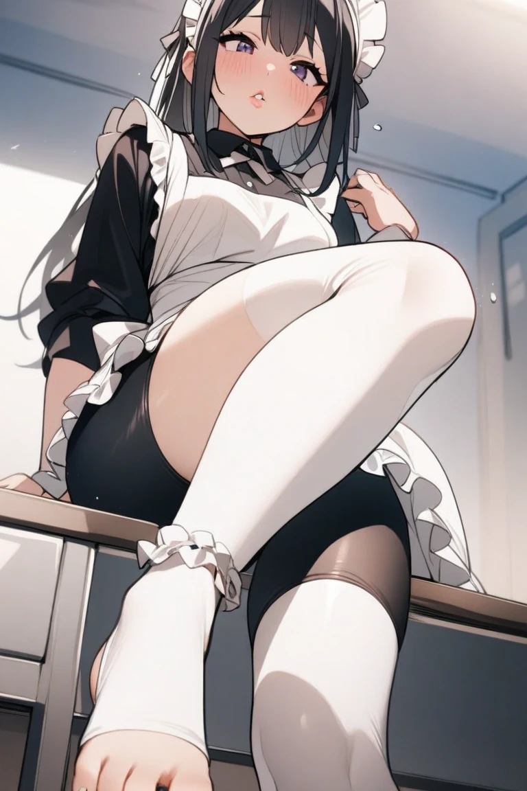 (best quality,high resolution,Beautiful detailed eyes,White lighting:1.2),red eyes, looking at viewer, long hair, black hair, long boots, black footwear, blush, sitting, long sleeves, bangs, parted lips, black hair, dress, knees up, brown hair, white skirt, frills, skirt,thighs, sidelocks,