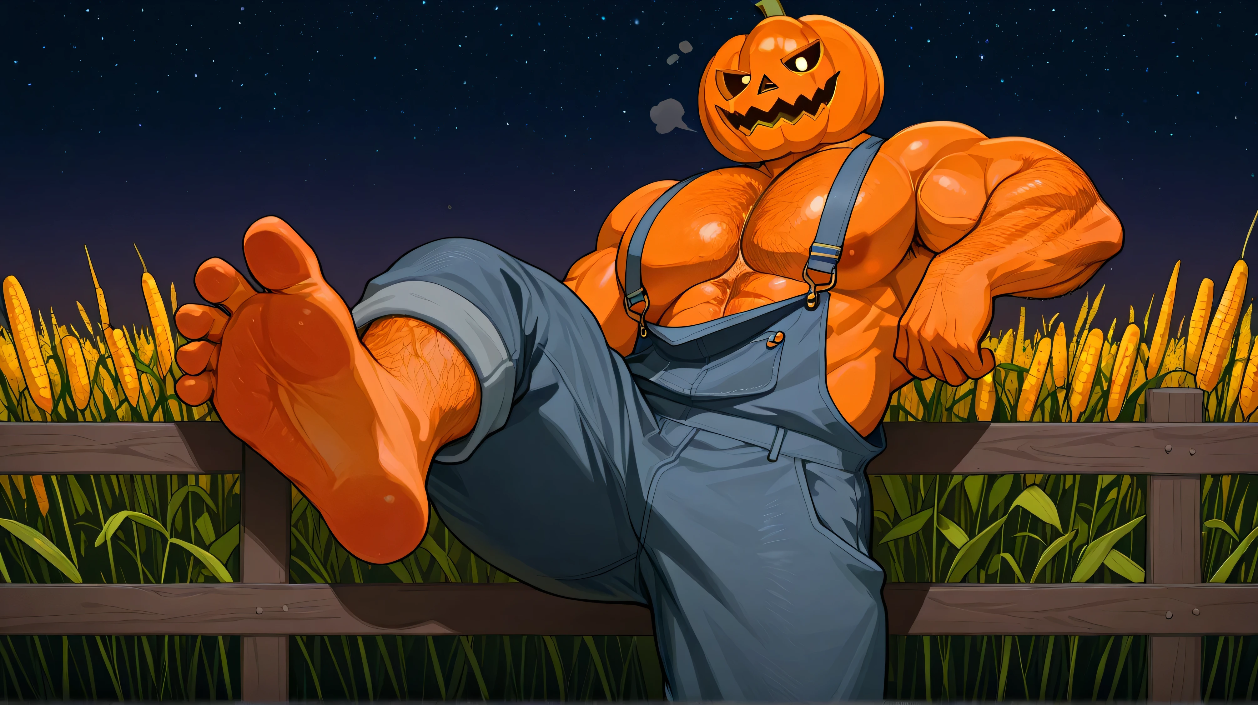 [jackolantern, pumpkin head, orange skin, muscular, big pecs, thick thighs, hairy, overalls, shirtless, barefoot, extremely huge feet, (five toes)], close up on character,  up, teasing expression, foot up, inviting, looking at viewer, standing, leaning on fence, corn field, nighttime, starry sky