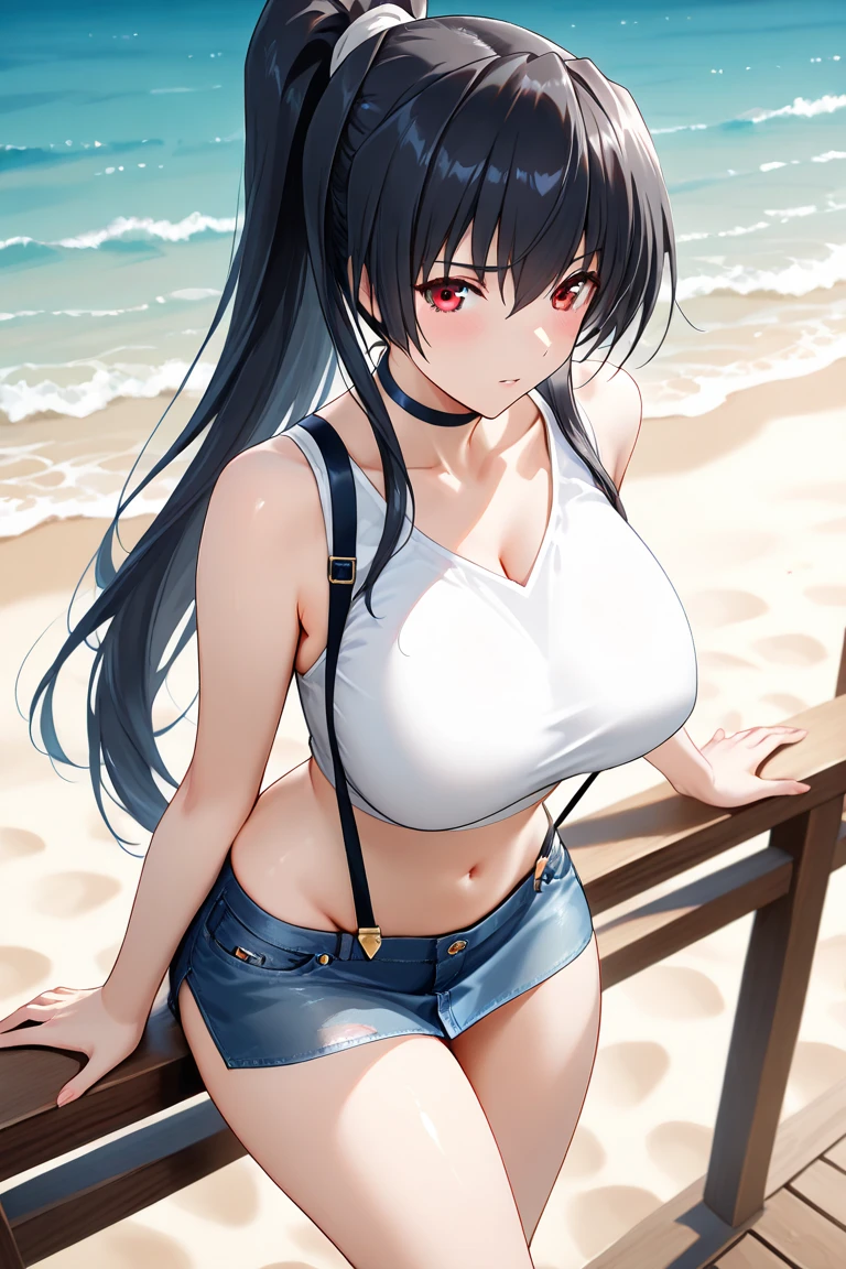 score_9, score_8_up, score_7_up, score_6_up, score_5_up, score_4_up, (8k, RAW photo, best quality, masterpiece:1.2), 1girl,hair ornament,black hair,long hair,hair flower,hairclip,red eyes,braid,bangs,hair between eyes,masterpiece, best quality, photorealistic, 1girl, solo, looking at viewer, smile, long hair, breasts, curvy ,huge breast, crop top, dolphin shorts, cowboy shot, standing, fullbody, day, outdoors, collarbone, wet, blush