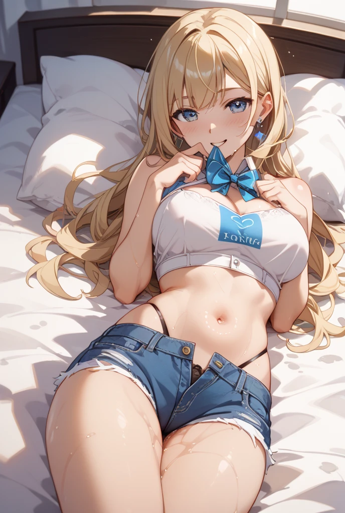 (of the highest quality, 8K, masuter piece: 1.3)), Beauty,(full body:1.1), (1 girl:1.3), (Solo:1.3), Beautiful: 1.3, A slender : 1.1, Beautiful lighting, ((Blue shorts)), ((Bra)), ((cleavage)), Looking at Viewer, (lying on the bed),(Ichinose Rei:1.3)