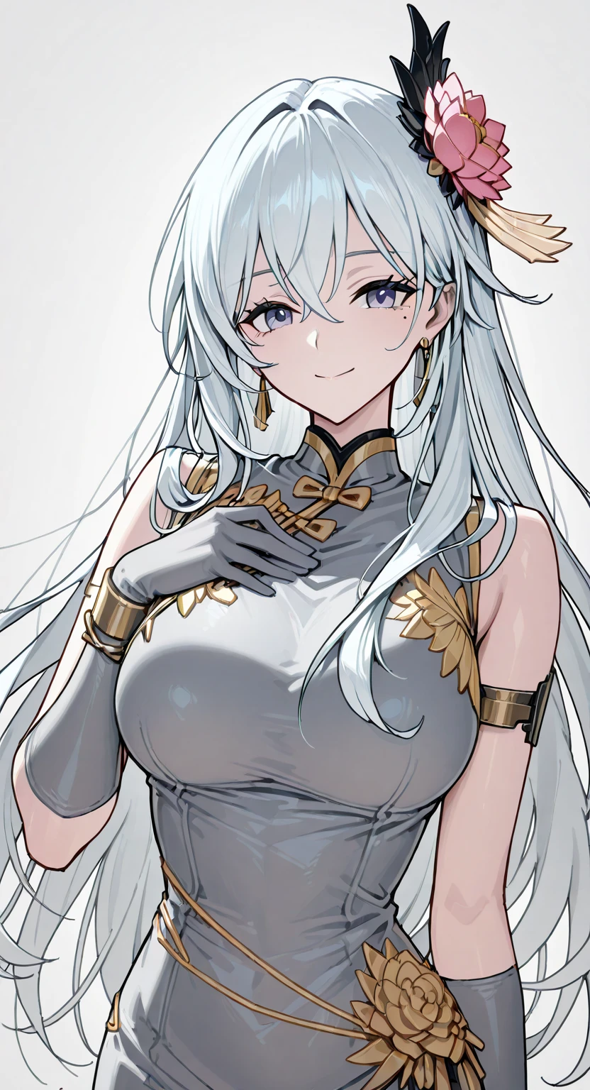 masterpiece, Best quality, watercolor (medium), 1girl, breast, solo, One-sided long sideburns, Cleavage, Black and white hair, Black eyes, Heterochromia, earrings, Bangs, jewelry, skirt, Bare shoulders, sleeveless, Hair between the eyes, 单Scapula, looking at the audience, Photo poses, Right index finger poking the cheek, Five fingers, large breast, armor, shoulder armor, sleeveless skirt, Upper Body, Single sleeve, white skirt, Scapula, Devil smile