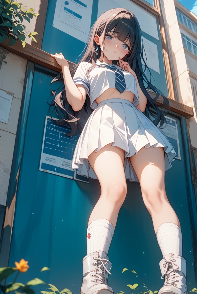 (highest quality、16K、masterpiece、ultra high resolution、Impressionism、Photoreal:1.2)、Long black hair, blue eyes, uniform weater showing glimpses of thighs Undressing uniform Tsundere Book