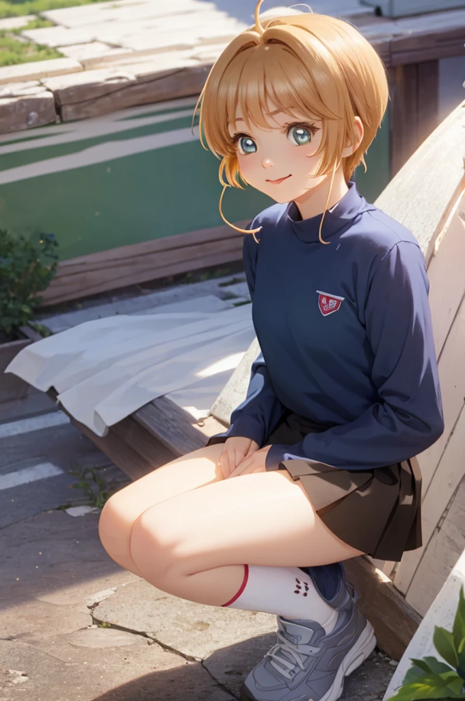 (masterpiece:1.2), best quality, high resolution, unity 8k wallpaper, (illustration:0.8), (beautiful detailed eyes:1.6), extremely detailed face, perfect lighting, extremely detailed CG, (kinomoto sakura, green eyes, two side up, short stature, small breast, solo,), sitting, spread legs, no bra, show off nipple, nipple, gym clothes, bloomers, very torn clothes, open-breast clothes, pink striped patterns panties, vagina, gleaming skin, moist skin, embarrassed, open mouth, noon, athletic field, front view, looking at viewer, troubled face,