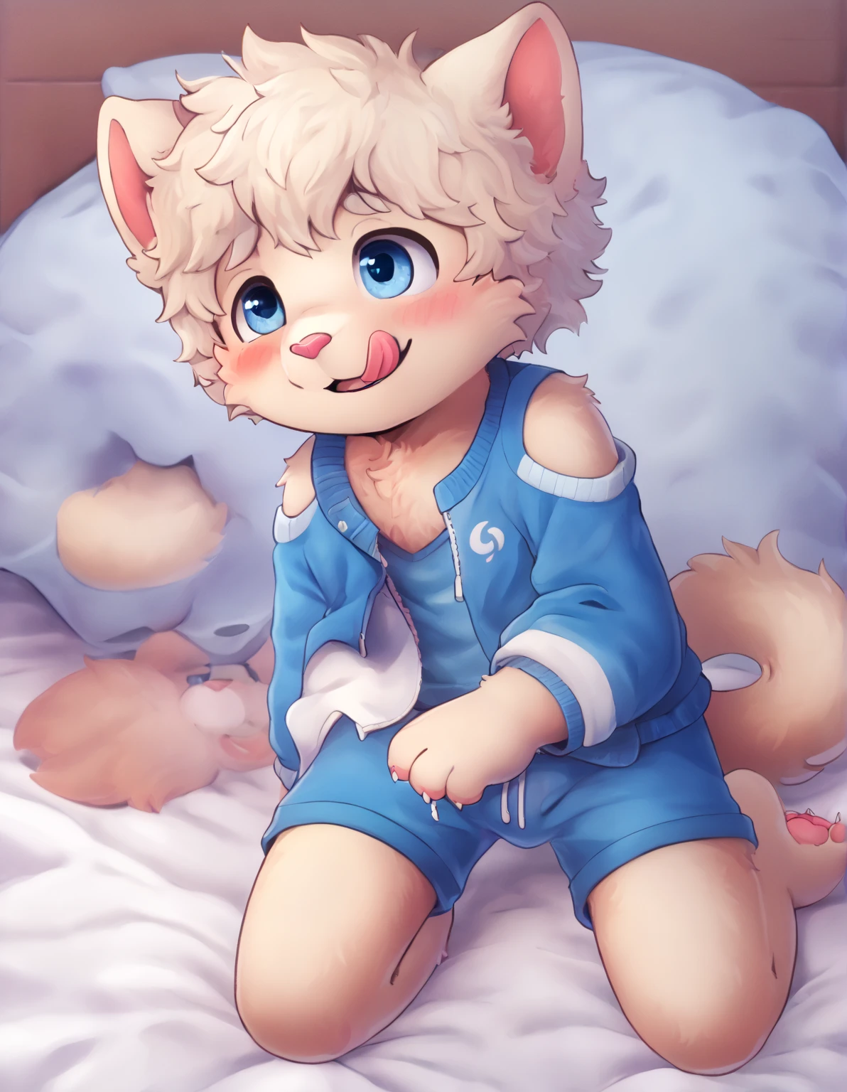 furry,kemono, toddler(One cute Gray Wolf boy), single,White hair,Wearing cute diapers,Diaper,Naked,Lying in bed, Baby Milk bottle, protrait photo,HD