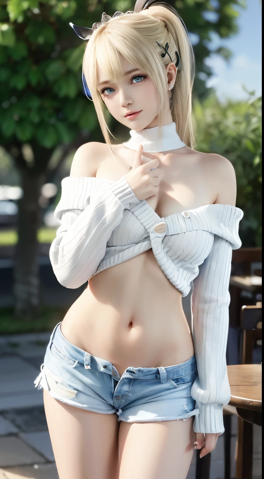 looking at the camera, One very beautiful white woman, baby face, denim colored shorts, (I can see my thighs), belly button, A big smile, very thin body, very white skin, ((extremely small breasts)), (Ivory knit cardigan with fully buttoned buttons), ((perfect pink nipples)), dancing, colorful makeup, Colorful eyeliner, bangs, white orange hair, gold bracelet, gold necklace, jewelry, photo realistic, skin details, slim, short , sweaty, My cheeks turned red, daytime, Natural light,