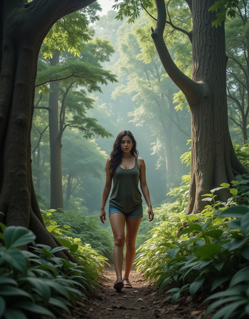 ((a teen girl ((alone:2)) in the forest)),((upper-body:1.8, cinematic-shot)),(best quality,4k,8k,highres,masterpiece:1.2),ultra-detailed,(realistic,photorealistic,photo-realistic:1.37),(beautiful and aesthetic:1.2),(film grain:1.3). 

[(1girl:1.1),(solo:1.1),((1 person:1.1)),(17years-old:1.4),[Raiana-Elizabeth-Dilla:2.5],pearl skin,(skin pores:1.1),beautiful detailed eyes,beautiful detailed lips,extremely detailed eyes,longeyelashes,extremely detailed face and skin texture,(skin texture:1.1),long wavy black hair,tall and slender body,(192cm tall),thin and delicate figure,graceful posture,defined abs,perfect curves,feminine appearance,((beautiful long legs:1.2)),embodying elegance and beauty,(cleavage breasts),((large breasts:1.6)),((vaginal cleavage)),(shiny skin),((sharp focus:1.5)),clear eyes]. 

[(wearing a sexy ((red) tops:1.5) with ((red) ultra-short miniskirt:1.5)), extremely detailed and realistic (red) clothes, (earringeathers:1.5), (necklace:1.5), ((casual fashion style:1.8)), ((looking at viewer:1.8)),(tattoos)].

[lush green foliage,thick undergrowth,towering ancient trees,exotic wildlife,vibrant colors,sunlight filtering through the canopy,mist and humidity,hidden treasures,jungle sounds,serene atmosphere,natural beauty,deep shadows,abundant plantlife,diverse ecosystem,unexplored wilderness,adventure,exploration,pristine environment,mysterious aura,lush vegetation,overgrown vines,dappled light,canopy walkway,hidden paths,emerald green ferns,unseen creatures,rare flowers,primal wilderness,balance of life,constant movement,dense foliage,peaceful tranquility,wilderness retreat,unspoiled paradise,prehistoric ambiance,magical realm,untamed beauty].

Official art,natural lighting,deep shadow,angelic ethereal beauty,award-winning photography,natural photography,professional photography,depth-of-field,bokeh.