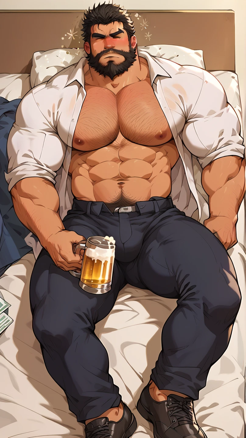 An award-winning original photo，A wild muscular indian man, (thick beared 25 years old:1.3), 1boy, Solo, (opened white dress shirt), (black trouser), black hair, (big shoulders), musculature, stubbles, beard, Beautiful eyes:1.3, ), (Detailed face:1.3), little smiles, dimples, (drink a cup of tea), Dynamic Angle, volumetric lighting, (Best quality, A high resolution, Photorealistic), Cinematic lighting, Masterpiece, RAW photo, Intricate details, hdr, depth of field, upper body, His perfect( big huge penis) is (coming out) of his pant,masterpieces 