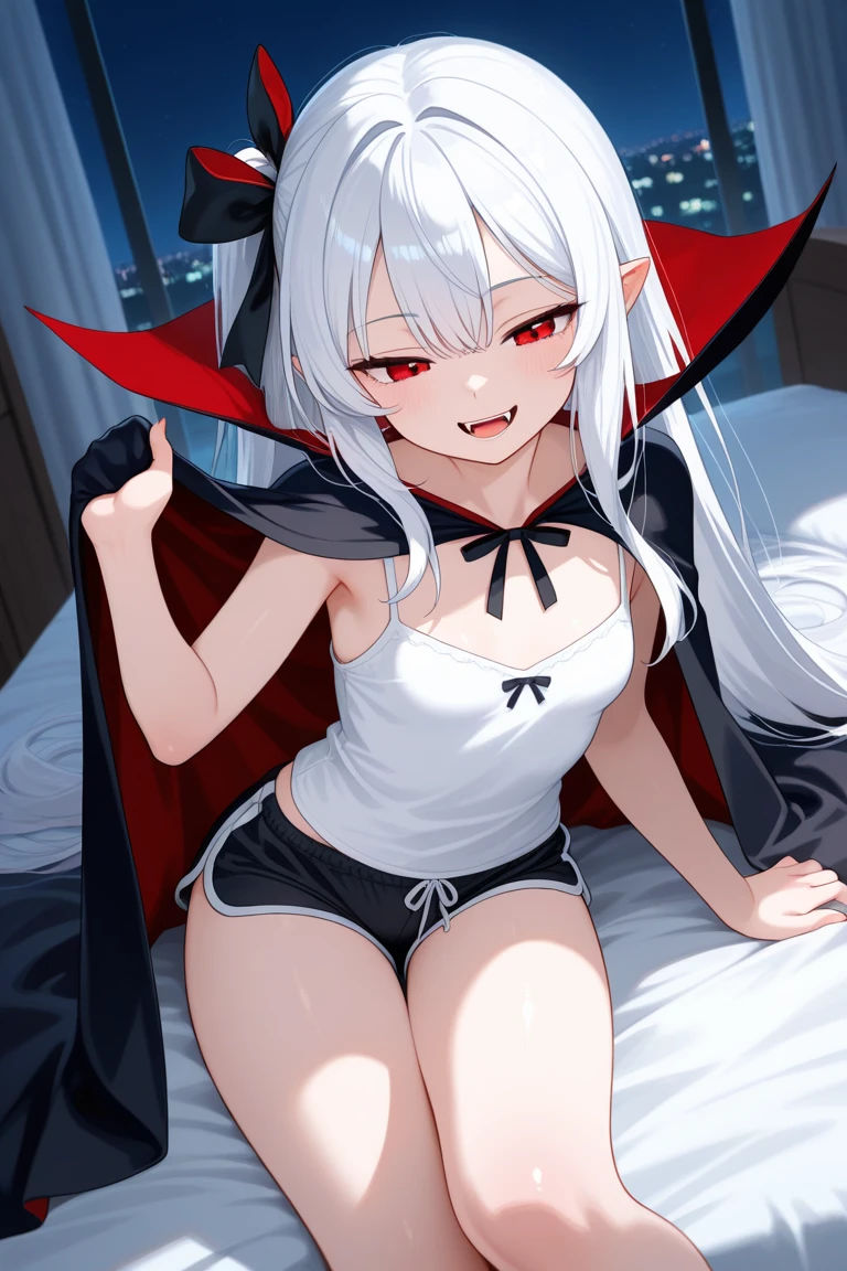 (masterpiece),(best quality),very aesthetic,(ultra-detailed),(illustration),(degenerate),nsfw,1girl,16yo,slender,long hair,white hair,straight hair,disheveled hair,red alluring eyes,one eye glaring,condescending look,open mouth,smirk,fangs,An elegant and sophisticated outfit perfect for a party, featuring a dark red highleg leotard with lace accents sleeves,ecstasy,happy,inroom,standing,standing on one leg,bent over,head tilt,crossed arms,daytime,Lascivious atmosphere,fantastic atmosphere,Dimly lit room like a dungeon,Toxic green colored lace thong,Old furnishings,dusty room,cowboy shot,looking at viewer, vampire, strawberry juice glass, dark fantasy, bat,bat's wings,from below,POV