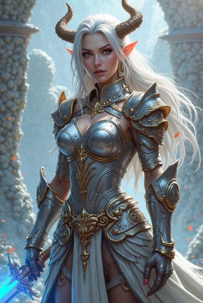 fantasy art, dnd art, RPG art, wide shot, (masterpiece: 1.4) a (portrait: 1.3) intense details, highly detailed, photorealistic, best quality, highres, GlowingRunesAI_yellow, portrait a female (fantasy art, Masterpiece, best quality: 1.3) bl3uprint (blue skin: 1.5, intense details facial details, exquisite beauty, (fantasy art, Masterpiece, best quality) cleric, (blue: 1.3) skinned female, (white hair: 1.3), long hair, intense (green: 1.3) eye, fantasy art, Masterpiece, best quality) armed a fiery sword red fire, wearing heavy (white: 1.3) half plate mail armor, wearing high heeled laced boots, wearing an(orange :1.3) cloak, wearing glowing holy symbol GlowingRunes_yellow, within fantasy temple background, reflection light, high details, best quality, 16k, [ultra detailed], masterpiece, best quality, (extremely detailed), close up, ultra wide shot, photorealistic, RAW, fantasy art, dnd art, fantasy art, realistic art,((best quality)), ((masterpiece)), (detailed), perfect face, ((no ears: 1.6))