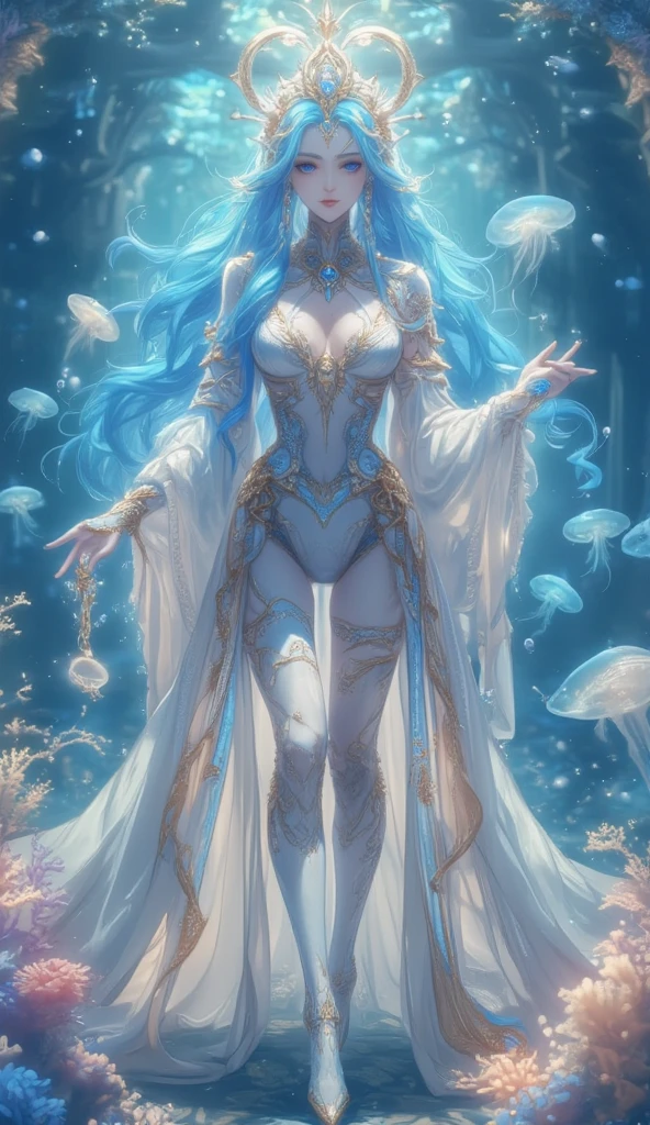Mutation of the ocean and a girl, transparent ghostly Goddes Venus made of thick smoke by Kim Keever rising from the ocean in a mist and storm, by Luis Royo and Frank Frazetta, mist of dreams where reality and mist is combined into one, wearing a light blue dress that disolves into the mist, her dress mutates eith the mist and the water, Broken Glass effect, no background, stunning, something that even doesn't exist, mythical being, energy, molecular, textures, iridescent and luminescent scales, breathtaking beauty, pure perfection, divine presence, unforgettable, impressive, breathtaking beauty, Volumetric light, auras, rays, vivid colors reflects