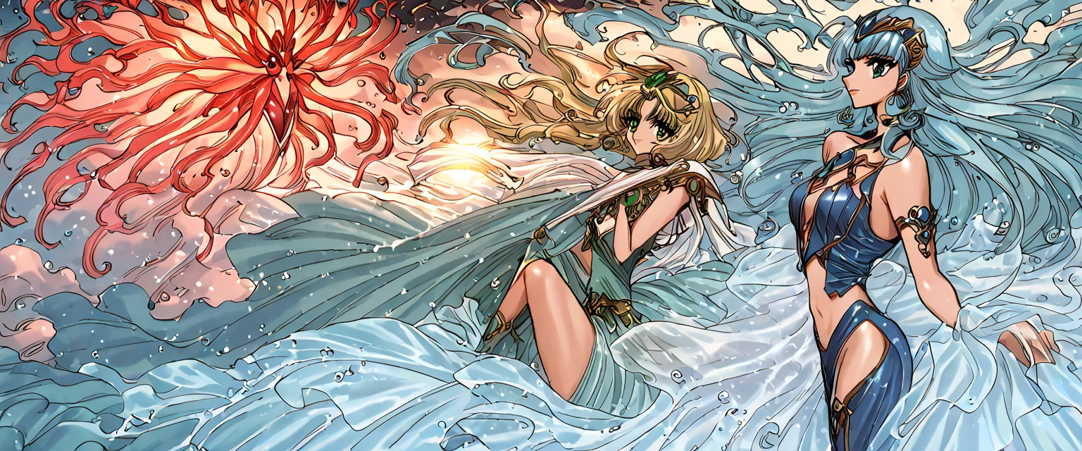 masterpiece,highest quality,Ultra high definition, The beautiful goddess Aphrodite riding a scallop shell and landing on the shore of the island of Cyprus, Long, Curly, Blonde, Full, Wavy, Braided, Rose Crown, Mysterious, Graceful, Flowing, Glossy, Soft, Shining, Beautiful, Feminine, Divine