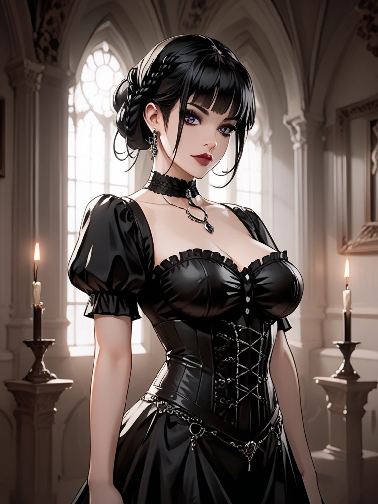 (1 once, artwork, Best Quality, Ultra details, Beautiful detailed, (((extremely detailed face))), (((rhombus stripe))), (((big ruffles and ribbon))), sad look, ( ((short thigh-length tunic))), long black fur, blue eyes, thin red lips, round face, big breasts with cleavage, Long waist, 1.67m leek 46kg, standing chained in the dungeon ((chains on hands and neck)) dramatic scene