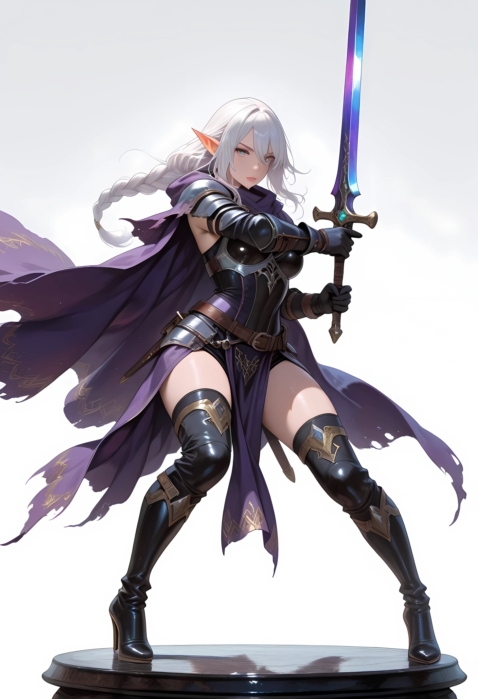 a glass figurine of a female elf, fantasy swashbuckler, fantasy fencer, armed with a slim sword, shinning sword, metallic shine, colorful clothes, dynamic clothing, full body (intense details, Masterpiece, best quality)epic beautiful female elf (intense details, Masterpiece, best quality), rich hair, braided hair, small pointed ears, action stance, holding a sword (intricate details, Masterpiece, best quality), purple cloak, long cloak, wearing high heels boots, sense of daring, sense of adventure, Masterpiece, best quality, amazing quality, hyper-detailed, newest, very aesthetic, full body, (ultra details, Masterpiece, best quality), realistic art, , realistic art, fantasy art, dnd art, fantasy art, glass figurine art, Colorful