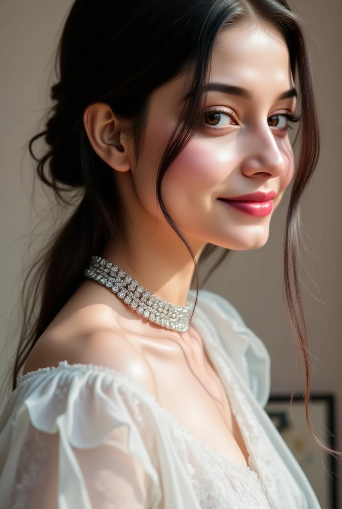 Night time view, heavy snow, (snow :1.5), loose hair:1.5, tight cloths:1.5, dry body:1.5, dry face:1.5, close up shot of vedhika from front view, wearing black saree,  in mountain, look at viewer, smile, big and curvy cheeks, hourglass figure, sexy navel, ponytail, necklace, (cinematic:1.3), intricate details , (ArtStation:1.2)