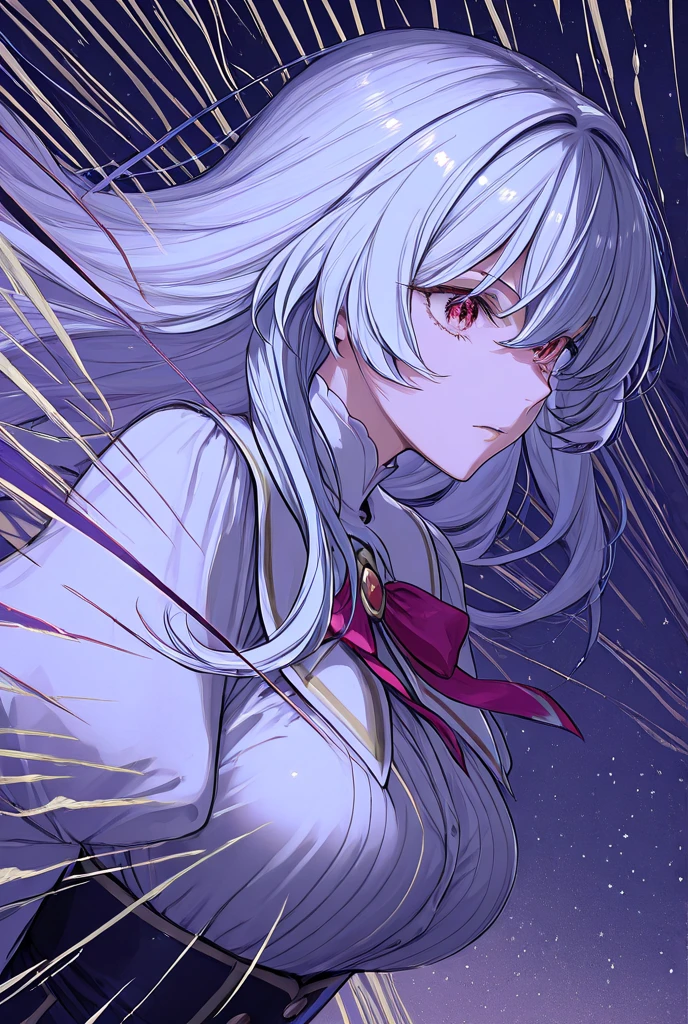 Blurred outline of existence, bright white eyes, ,Blurred outline of existence, Fully white glowing eyes,,White flowers on eyes,Fire butterflys,Anime style,1 girl,Silver long hair,(((White spots on eyes:1.37))),Black pleated skirt,Samurai sword in hand,Elegant Posture、Red Moon、dark purple tones,Elegant and atmospheric。,(((Fluorescent green whip:1.37。Motion blurred,))),Petals in the sky,Blurred foreground,Face Focus
