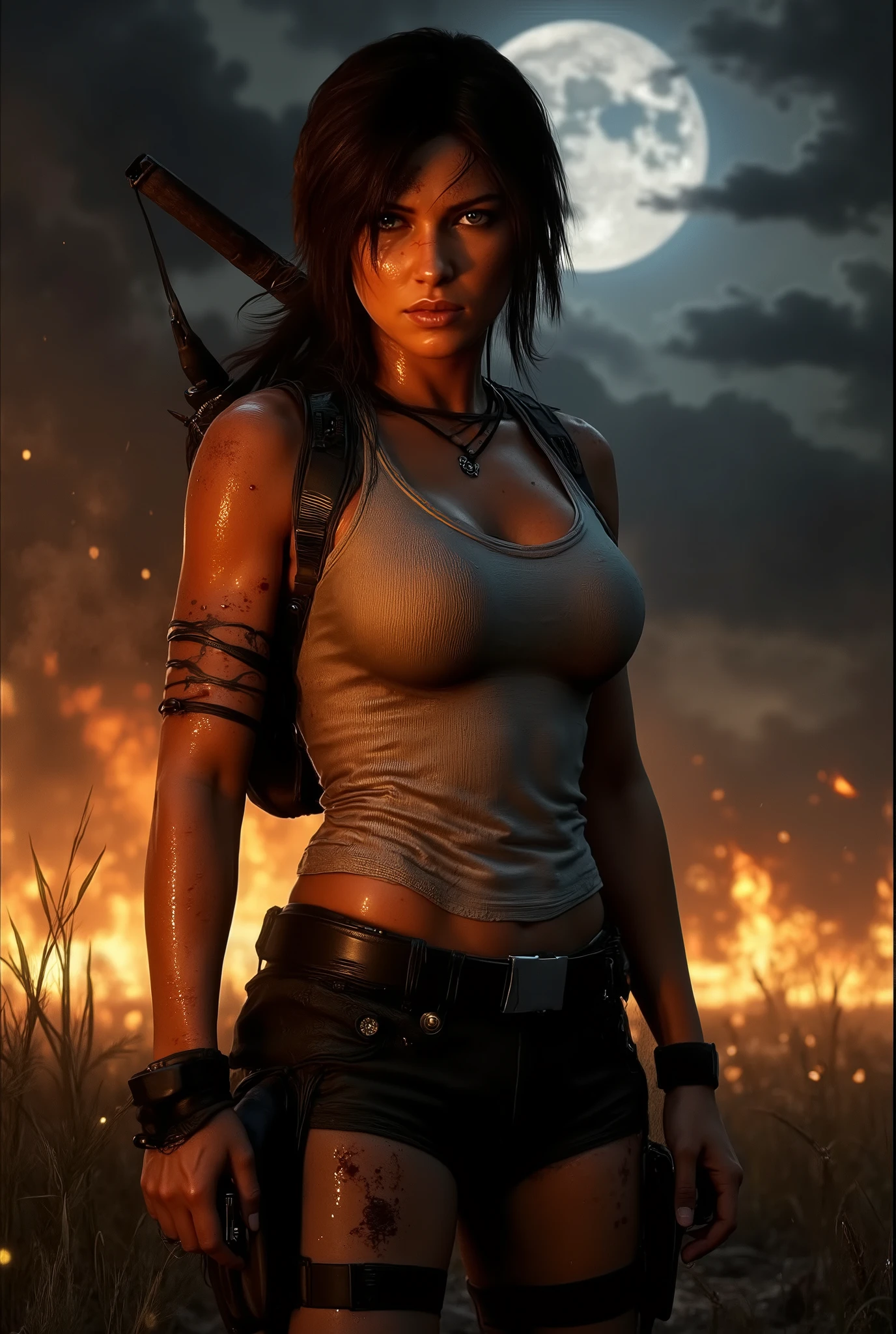 Lara Croft defiantly stands on a moonlit field, his athletic figure shimmers with sweat and blotches of blood in the dim light. Her torn white jersey clings to her torso, revealing the scuffs and dirt of battle, as a raging inferno devours the forest behind him—flames soaring high cast flickering shadows blurred, on her angry face. Amber embers swirling the grass in the air, clutching a battle knife, her boots get stuck in the trampled grass. Dramatic chiaroscuro lighting accentuates his wheezing shoulders and glowing gaze, rendered by hyper-detailed textures and cinematic depth of field. The composition balances the stormy in 8K photorealistic resolution his determination against apocalyptic chaos.