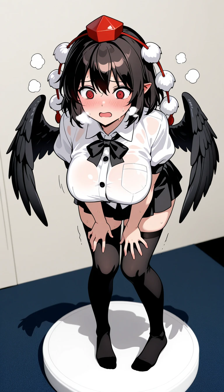 (detailded), (((bat girl))), (((murcielago))), big ass, grey skinned, black wavy hair, ((mini-skirt)), (((Pussy dripping))), (((Freckles on the face))), (((office worker suit)))