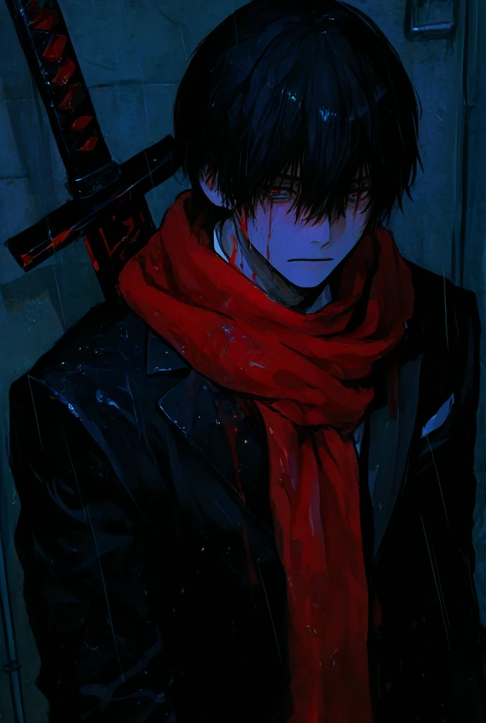 Solo, male, black hair, red eyes, black coat, white scarf, black roses, thorns, blood