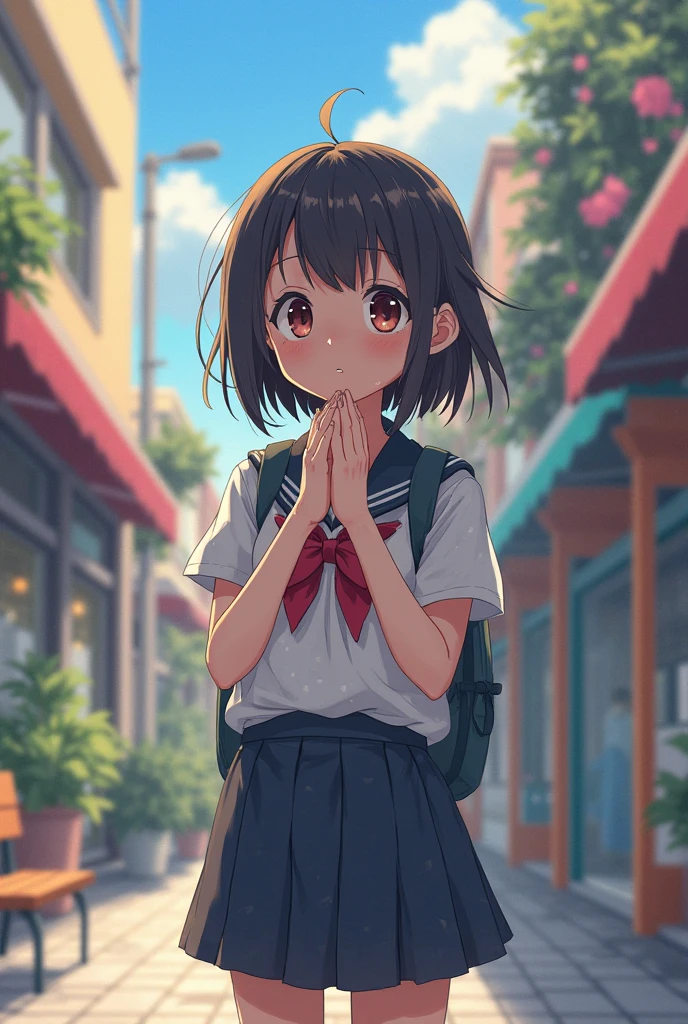 6 year old girl、Are crying、garden、bun hair