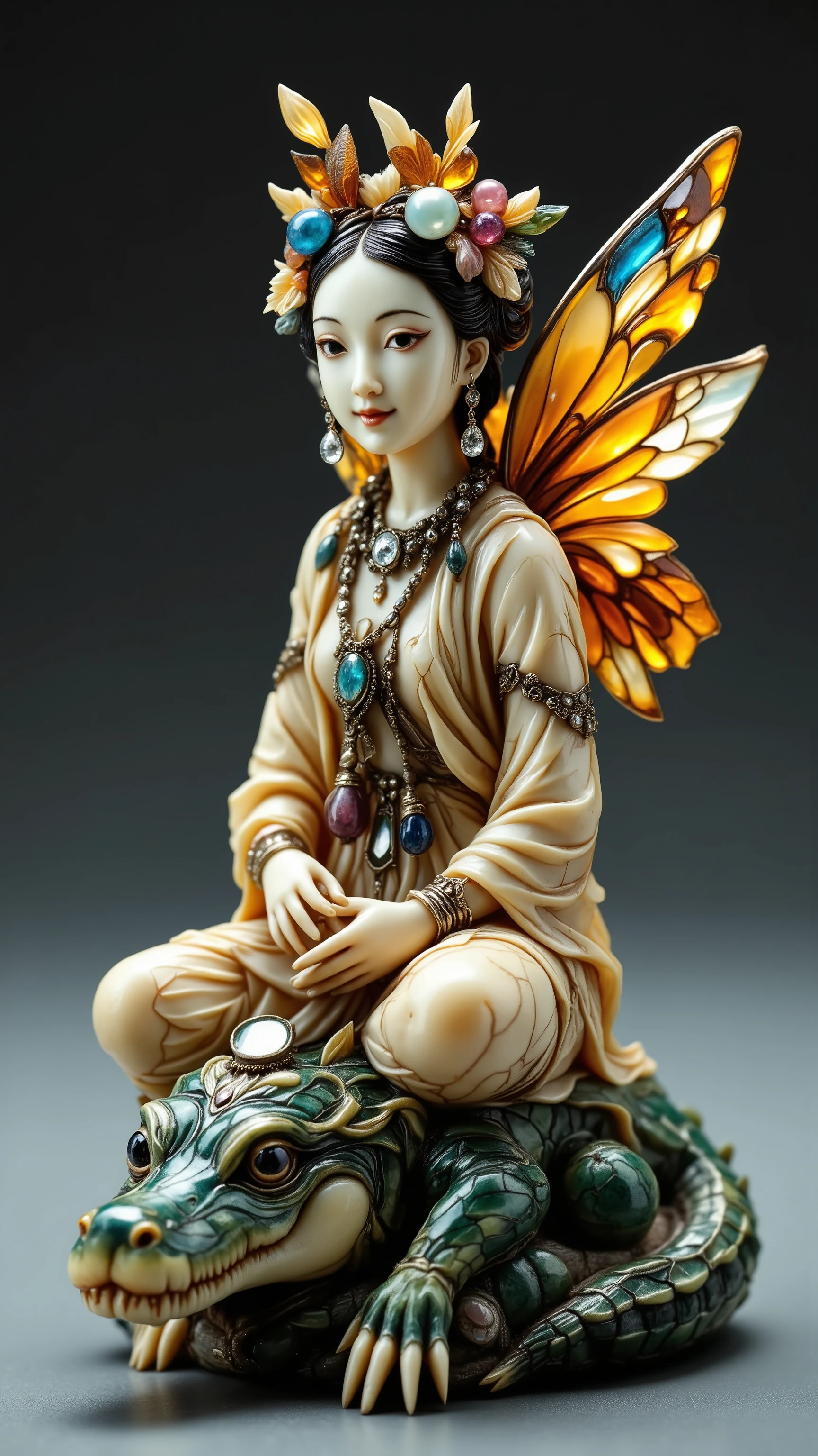 Netsuke statuette made of ivory, black, pink and blue quartz. The Fairy of Crocodile Tears. A body with scaly patterns. wings are carved amber. face is ivory with a Mona Lisa smile, but one eye is winking, and a huge diamond tear is rolling out of other. Sitting astride a crocodile made of malachite, a necklace of tiny silver mirrors. A masterpiece of ultra-fine craftsmanship. crafted to perfection, studio setting provides sharp focus on statuette, hyperrealistic textures, 32k resolution highlighting every minutiae, intricate details visible on the figurine embraced, photorealistic, 32k resolution. ultra-detailed, breathtaking surreal masterpiece. High Resolution, High Quality, Masterpiece. super detail