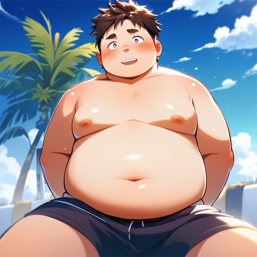 ((androgynos)), beautiful, (very short hair), (pudgy face), nipples, (belly button), ((boyish)), (cute), (chubby), belly, (sexly), (beefy), ((mischievous)), (handsome), (naughty smile), (Canines are visible), (swimsuits), (in beach), (Peeping), (Open your mouth), (Crouch down), (tan), obesity