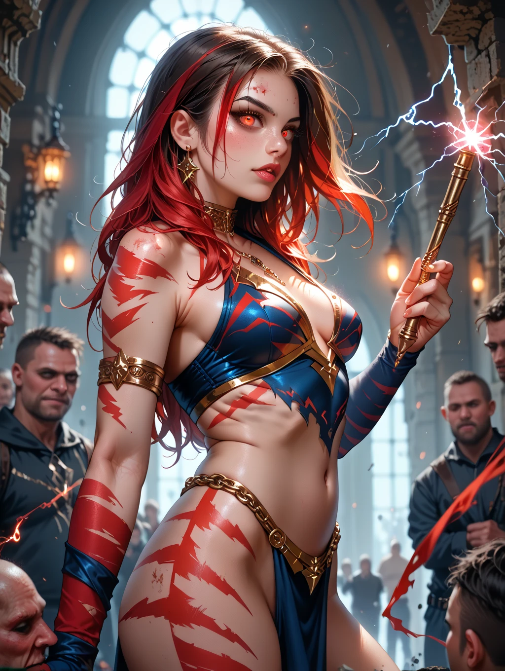 (((mulher))), (((melhor qualidade))), (((obra prima))), (((adulta))), Uma guerreira mulher de 35 anos com corpo perfeito, Brooklyn Gladiators, (( under boobs )), quase nua no estilo selvagem urbano de Simon Bisley para a capa da revista Heavy Metal, cabelo loiro, Minimum clothing, armadura (azul escuro com estrelas brancas e vermelho com listras brancas), cheio de pontas e rebites manchadas de tinta, tatuagem de estrelas de 5 pontas, (((corpo inteiro))), cabelo preto curto com franja branca cobrindo a testa