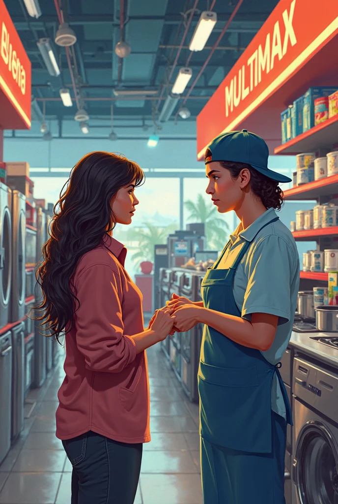 Create a pixar-style image of a woman wearing a gray polo shirt and blue jeans, shopping inside a stationery store