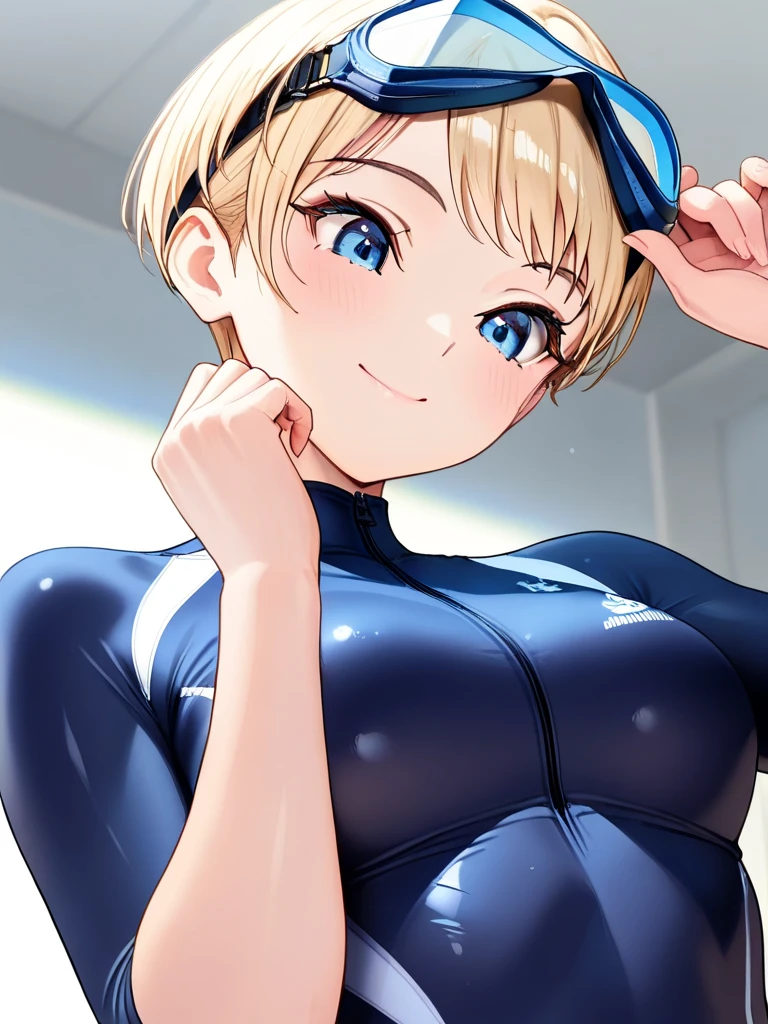 Blonde hair, short mash hair, turquoise eyes,A girl with impressive blonde hair、hair ornaments、short bob、hot pants、smile、dynamic pose, femdom, mocking smile、Small breastasutepiece, Best Quality, 1 girl, Solo, effect, Dark backgro、Micro Bikini、Nipples
