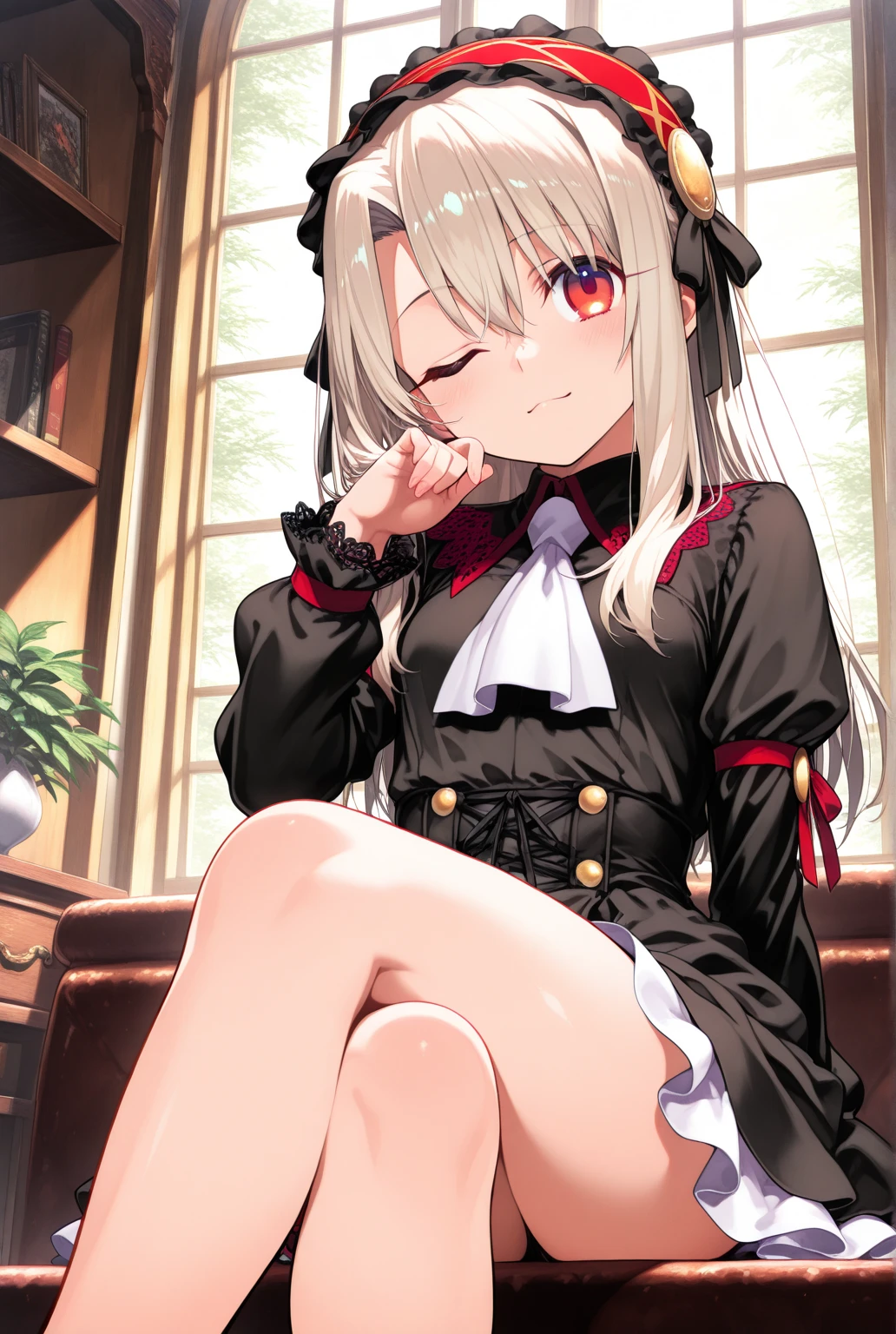 1girl, evil neuro-sama, red eyes, light brown hair, ahoge, two side up, hair ribbon, dark red ribbon, heart hair ornament, black dress, frilled dress, off-shoulder dress, bare shoulders, frilled choker, long sleeves, red bow, red buttons, black heart, black socks, frilled socks, grey footwear, loafers, (masterpiece, best quality), highly detailed, finely detailed, blurry background, depth of field, backlight, light particles, bokeh, sweat, steamy body, cat ears, cum, cumdrip, bukkake, facial, cum in mouth, cum on clothes, cum on hair, cum on ass, cum on pussy, upskirt, no panties, cleavage, covered nipples, squatting, spread legs, legs apart, gokkun, double v, smug, outdoors,