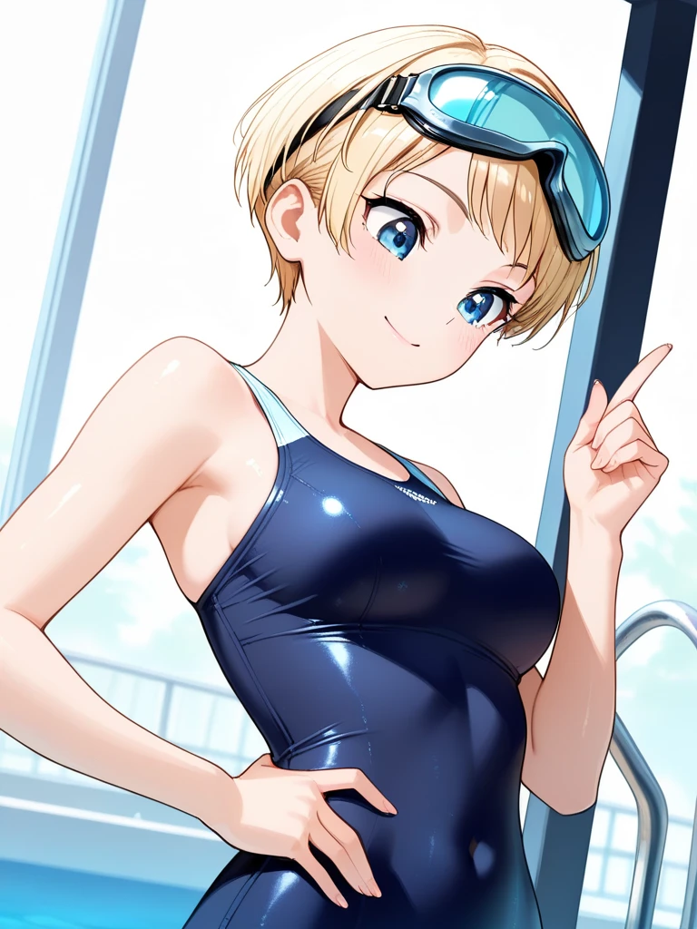 1girl, solo, watanabe you, competition swimsuit, blue eyes, breasts, white background, short hair, one-piece swimsuit, simple background, looking at viewer, arms behind head,get wet,high reg,pussy