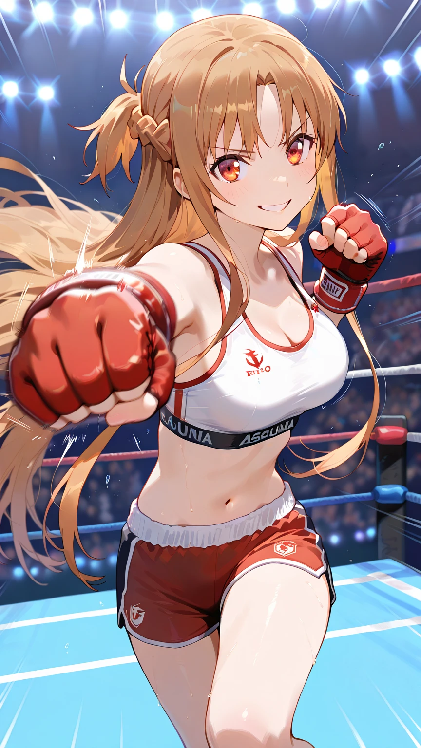 Asuna yuki(Sword Art Online), Dynamic Angle, Long bronze hair,Braiding,Brown eyes,Detailed eyes,Large bust line,(wearing MMA uniform:1.5, thigh, belly button), Roll Forward,Genuine,Her slim legs are really cute.,Very beautiful long legs, Perfect body,Genuine,(Independent),Fighting Pose,(on MMA Arena :1.5),Grin, From below,winner,Ultra HD,Detailed eyes,Detailed face,Upper Body Shot,