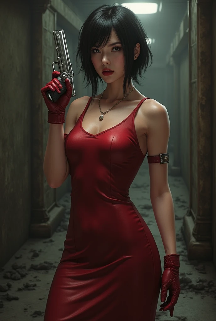 Arti modern anime. angled view, heroic pose, face closeup portrait of stunningly beautiful (Ada Wong from Resident Evil) as an heroic brave lady, in a violent action scene, wind blowing short black hair, slim body, highly ornamented and detailed red long dress, red high heels, depth of field blur effect, night, full zoom, action portrait, photorealistic. cinematic lighting, highly detailed. best quality, 4k, Better hand, perfect anatomy, leaning forward, foreshortening effects, coy flirty arrogant focused expression, holding a hand gun, in a horror scene