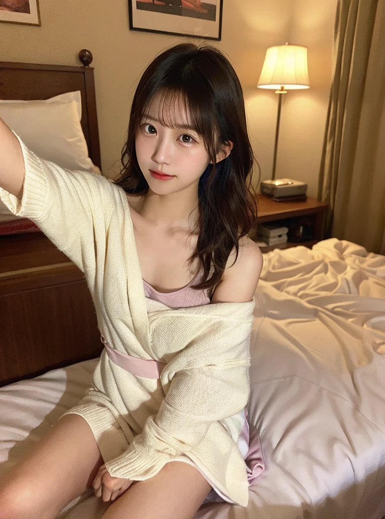 Photo of a 25-year-old woman in a blue bathrobe、(((erectile nipple)))、Japanese ido、Natural abs、bangss、bare shoulders、Chest squeezed together、Being on the bed、hair between eye、Medium bob hairstyle、Dark hair、oval-face、二重まぶた、(Lying in bed while lying down)、Central eye、独奏、((Thin natural pink areola))、delicate and sexy(鎖骨:1.3)、(shinny skin:0.8)、(masterpiece:1.4)、(top-quality:1.4)、natural(Flat udder:1.25)、glossy red lips、(areola of light color,,,)、(sheer fabrics)、(SFW)、Sweat muscles、(Ecstatic expression by pleasure)