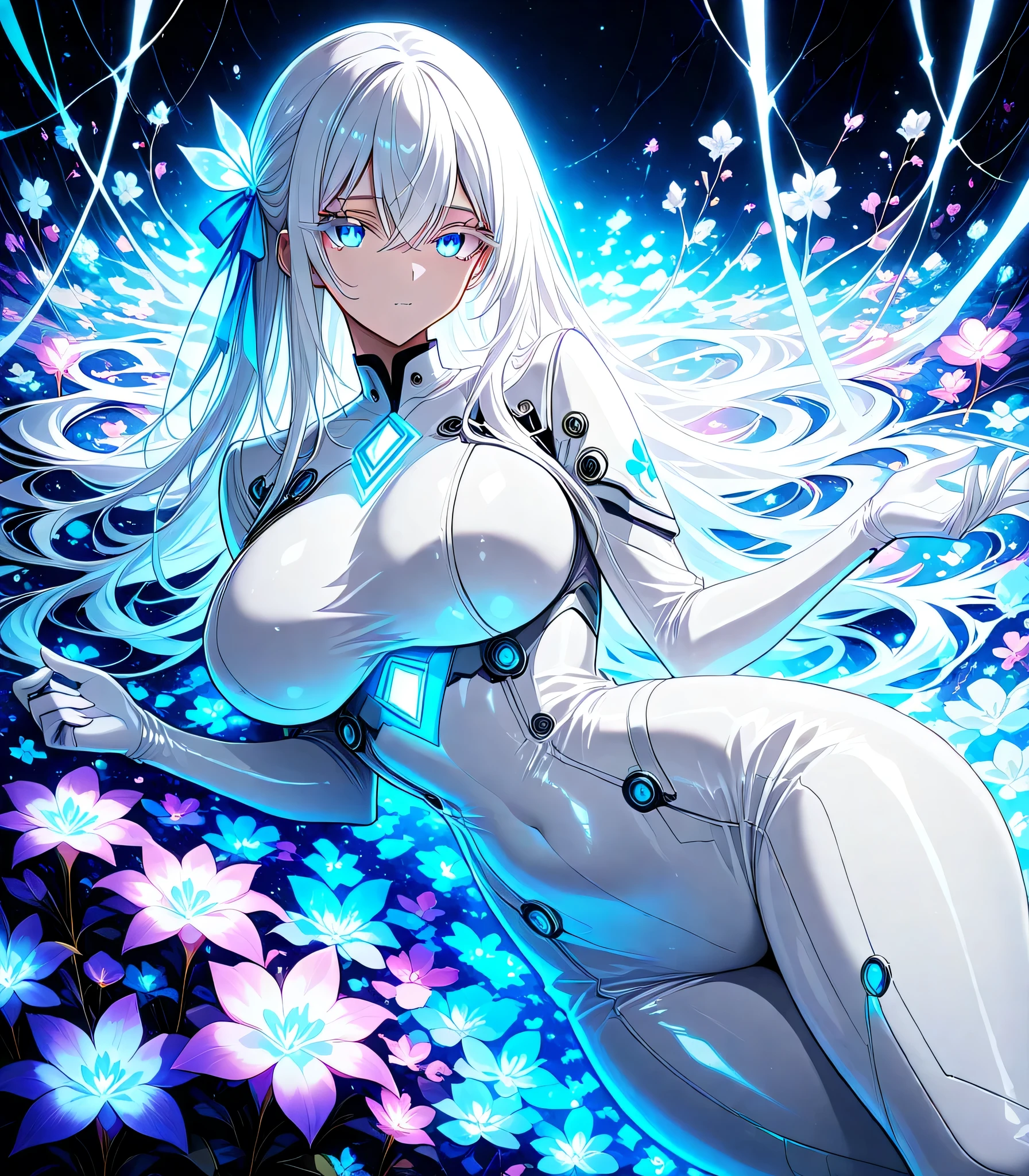 1girl, blue eyes, white eyelashes, white hair, long hair,hair ribbons, hair between eyes, large breasts, curvy, beautiful, sexy, cool, , white bodysuit,glowing white hair, laying in flowerbed, ultraviolet light, ultraviolet flowers, best quality, masterpiece, dark background, comforting, elegant, glossy, ethereal , score_9, score_8_up, score_7_up, source_anime, 