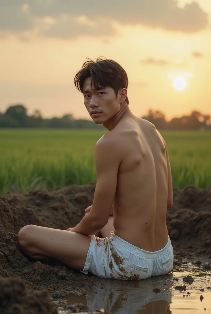 In the charming picture is a handsome Korean man named Cha Eun-woo 3 with his rays, white skin like a prince, the background in the sky has a big and bold sun, his charm radiates as he proudly shows off his sixpack in a full standing pose. He is wearing sexy pastel-colored underwear, which emphasizes his body shape, He stands in the middle of a farm environment., a large sunrise behind him, Bathed in the golden light of a beautiful day. With unmatched attention to detail., This photorealistic portrait combines the style of National Geographic., Capture every detail of his textured skin in 8k resolution. Leica digital SLR camera. His features are clearly visible., From his deep-set eagle-like eyes to his chiseled jawline., Make this picture a true masterpiece.. Lift. (8K UHD、RAW Photography、Leica Digital SLR Photorealistic Portrait、Real-looking image), big bulge