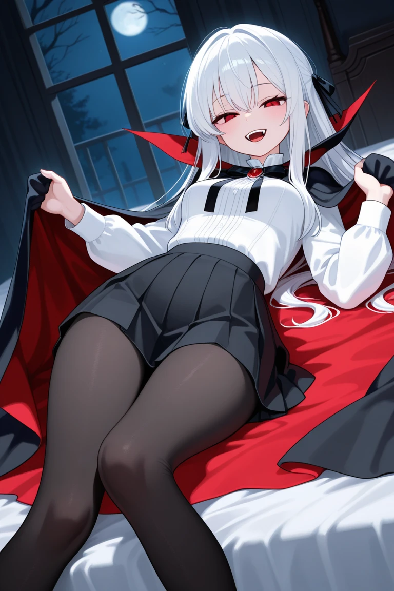 (masterpiece),(best quality),very aesthetic,(ultra-detailed),(illustration),(degenerate),nsfw,1girl,16yo,slender,long hair,white hair,straight hair,disheveled hair,red alluring eyes,one eye glaring,condescending look,open mouth,smirk,fangs,An elegant tuxedo,long sleeves,bloody tie, featuring a highleg leotard,Bat-patterned tights,ecstasy,happy,inroom,standing,standing on one leg,bent over,head tilt,crossed arms,daytime,Lascivious atmosphere,fantastic atmosphere,Dimly lit room like a dungeon,Old furnishings,dusty room,cowboy shot,looking at viewer, vampire, strawberry juice glass, dark fantasy, bat,bat's wings,from below,POV,face close up