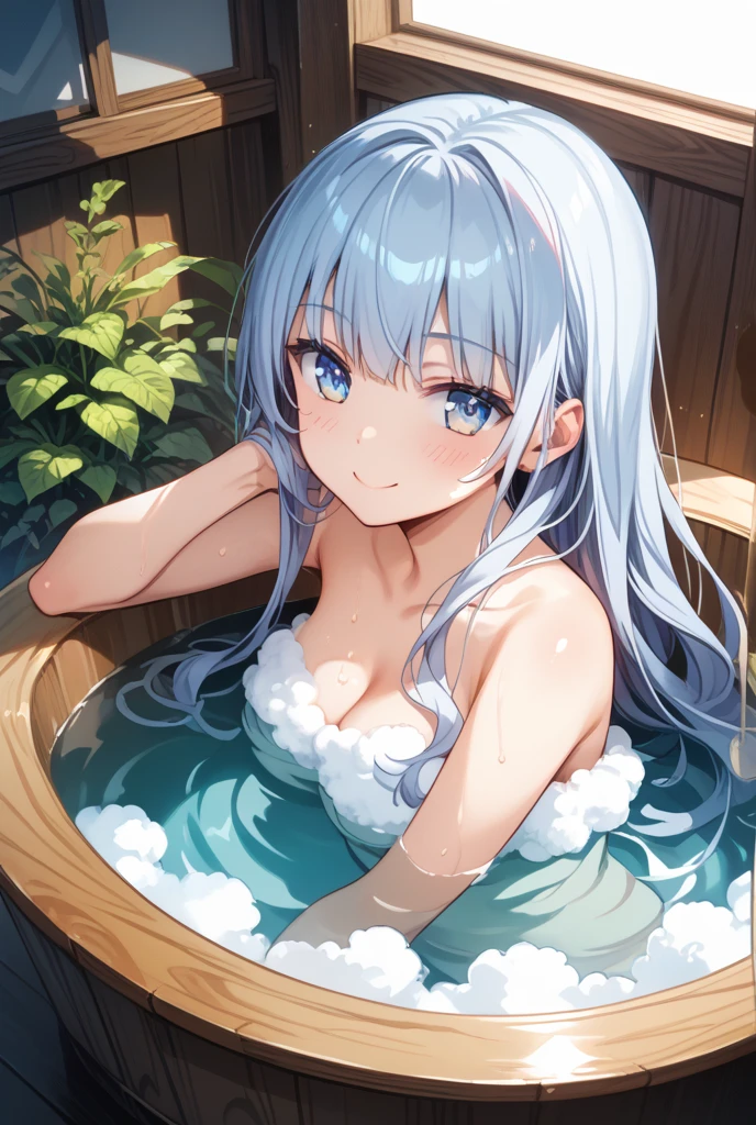 (masterpiece, best quality:1.5), (ultra detailed, high resolution, 8k, beautiful detailed, UHD, best anatomy), white hair in braids, medium breasts, 1 cute girl, (watercolor painting Art:2), Beautiful Backgrounds, warm tones, Soaking in an open-air bath, naked, vapors