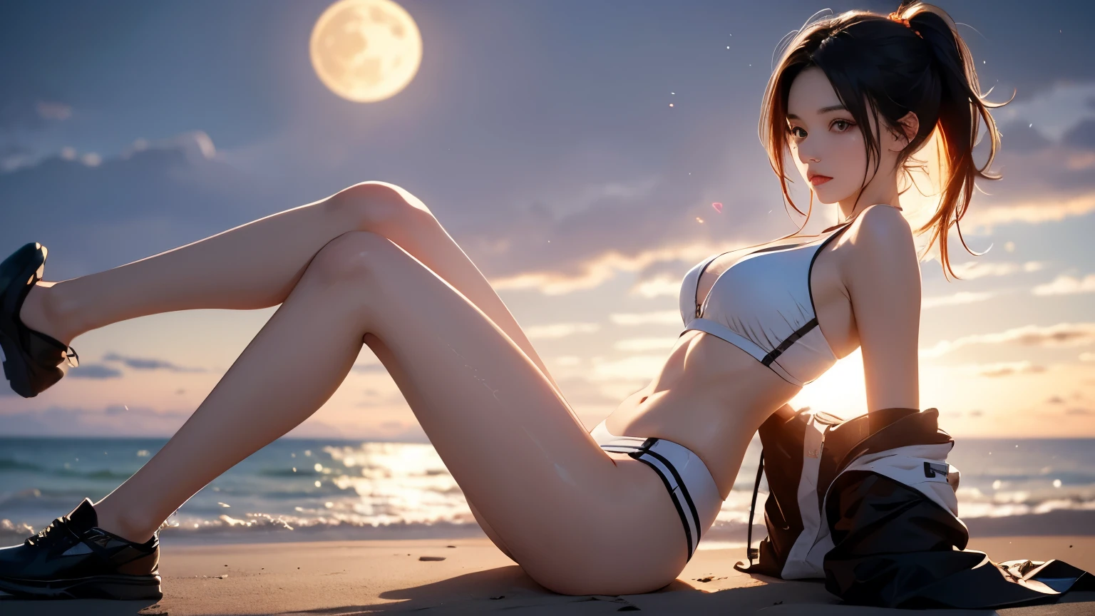 One girl, Beautiful Face, ((White eyes)), Sexy pose, Red moon in the background, performer, space, (Lightroom:1.13), Soft Light, (Natural skin texture:1.2), (Hyperrealism:1.2), Sharp focus, Concentration,[[Realistic]]、Full Body、Beach、Flowing Clouds、lingerie、headphone