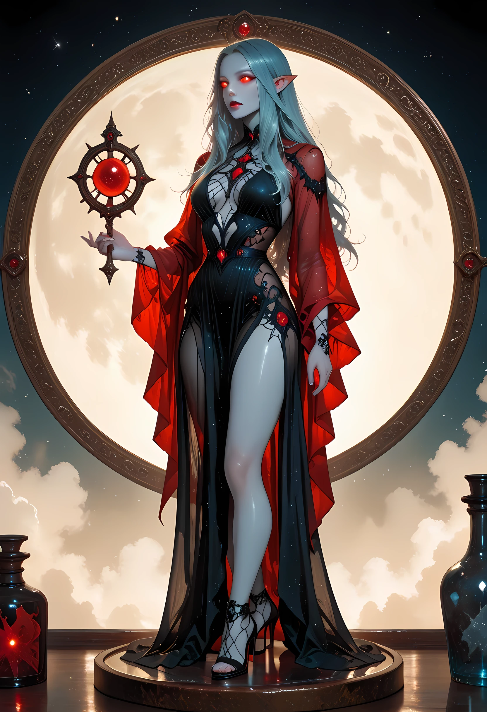 an art deco glass figurine of an epic beautiful female vampire, ghostly beauty, wearing transluminescent dress, black silk dress, intricate dress, transluminescent dress, transparent dress, red sleeves, wearing high heels, epic beautiful female vampire, pale skin perfect body, ghostly beauty, serene beauty, lush hair, long hair, red glowing eyes, vampire fangs, stars entwined in the woman's hair, light caress the woman, moon light caress the dress, fantasy art, night time, the moon rises, creating award winning, photorealism, depth of field, Art Deco Masterpiece, best quality, amazing quality, hyper-detailed, newest, very aesthetic, full body, (ultra details, Masterpiece, best quality), realistic art, , realistic art, fantasy art, dnd art, fantasy art, glass figurine art, novuschroma54 style