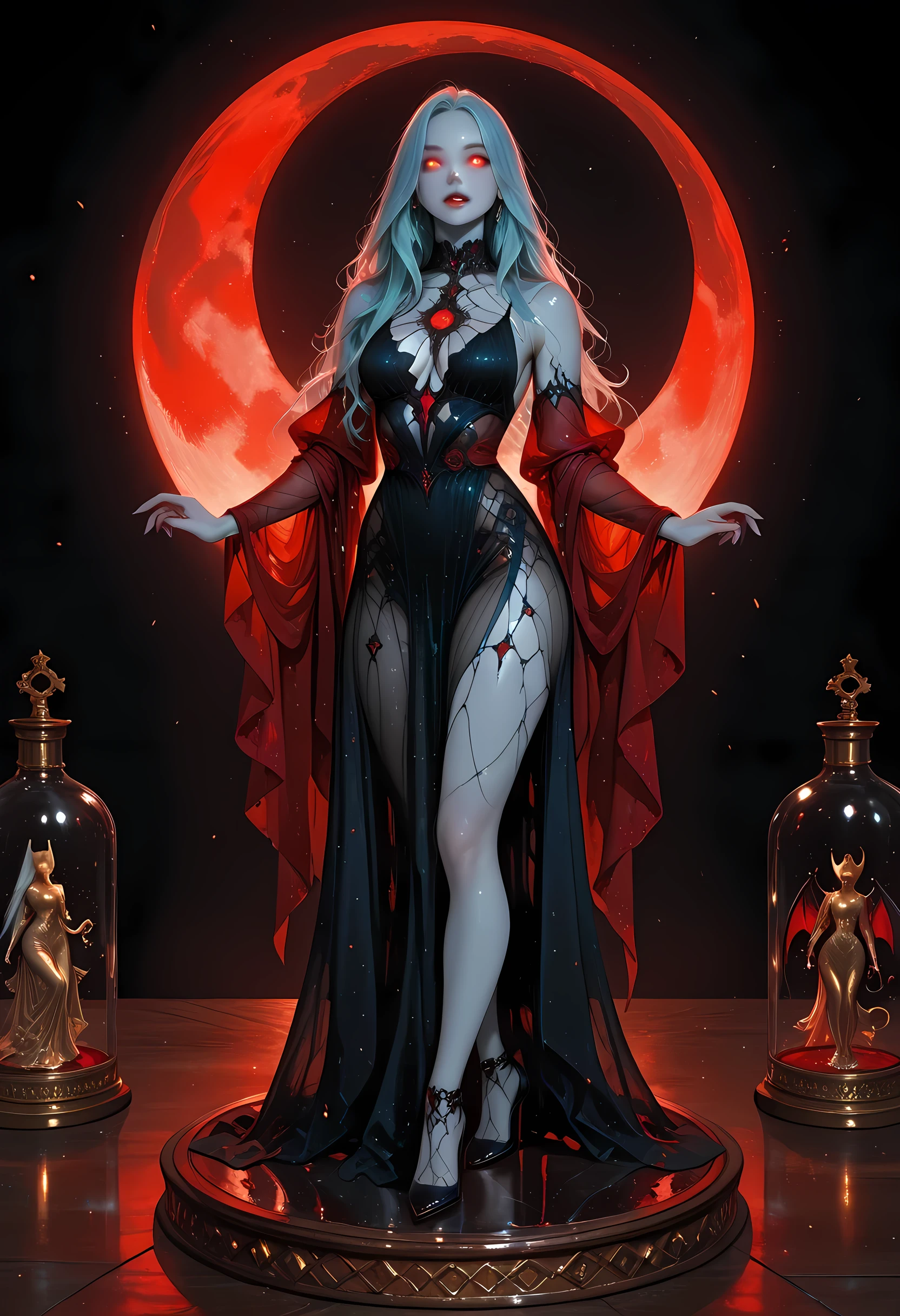 an art deco glass figurine of an epic beautiful female vampire, ghostly beauty, wearing transluminescent dress, black silk dress, intricate dress, transluminescent dress, transparent dress, red sleeves, wearing high heels, epic beautiful female vampire, pale skin perfect body, ghostly beauty, serene beauty, lush hair, long hair, red glowing eyes, vampire fangs, stars entwined in the woman's hair, light caress the woman, moon light caress the dress, fantasy art, night time, the moon rises, creating award winning, photorealism, depth of field, Art Deco Masterpiece, best quality, amazing quality, hyper-detailed, newest, very aesthetic, full body, (ultra details, Masterpiece, best quality), realistic art, , realistic art, fantasy art, dnd art, fantasy art, glass figurine art, novuschroma54 style