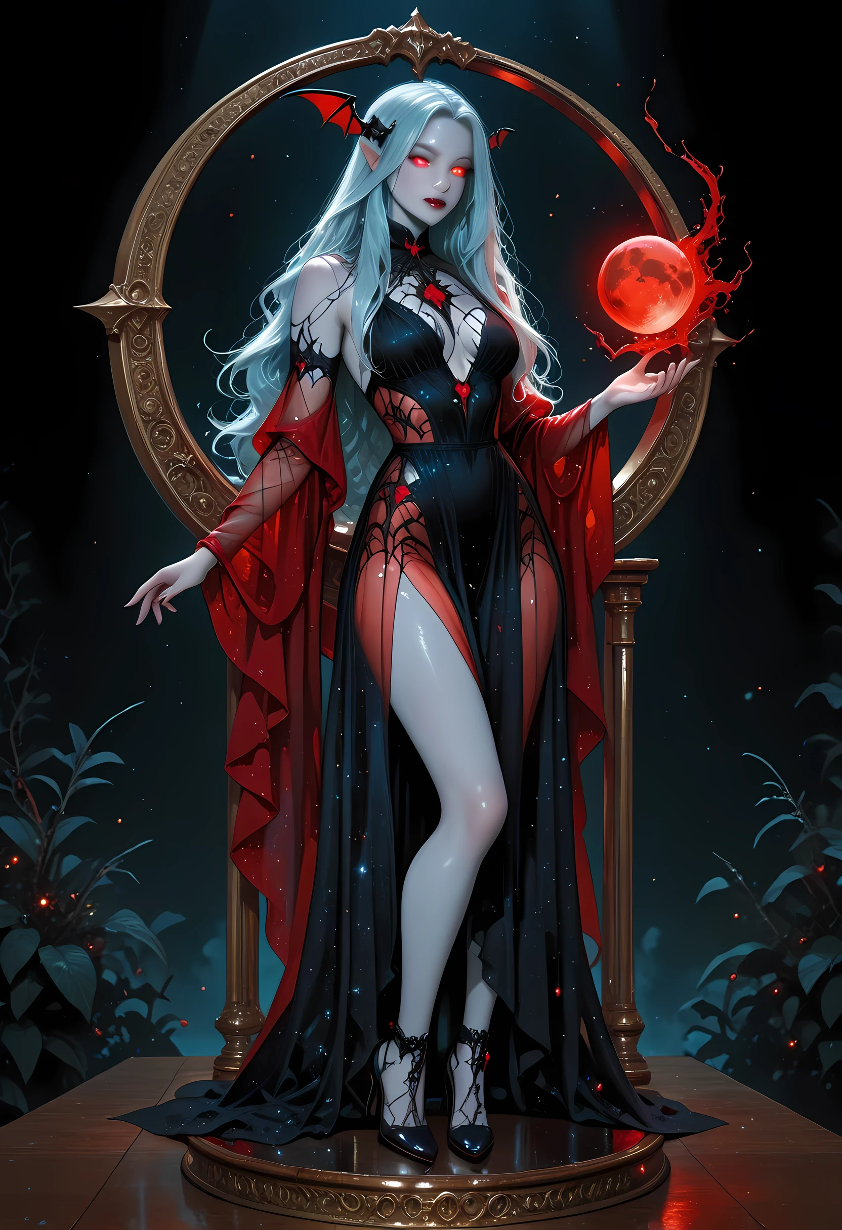 an art deco glass figurine of an epic beautiful female vampire, ghostly beauty, wearing transluminescent dress, black silk dress, intricate dress, transluminescent dress, transparent dress, red sleeves, wearing high heels, epic beautiful female vampire, pale skin perfect body, ghostly beauty, serene beauty, lush hair, long hair, red glowing eyes, vampire fangs, stars entwined in the woman's hair, light caress the woman, moon light caress the dress, fantasy art, night time, the moon rises, creating award winning, photorealism, depth of field, Art Deco Masterpiece, best quality, amazing quality, hyper-detailed, newest, very aesthetic, full body, (ultra details, Masterpiece, best quality), realistic art, , realistic art, fantasy art, dnd art, fantasy art, glass figurine art, novuschroma54 style