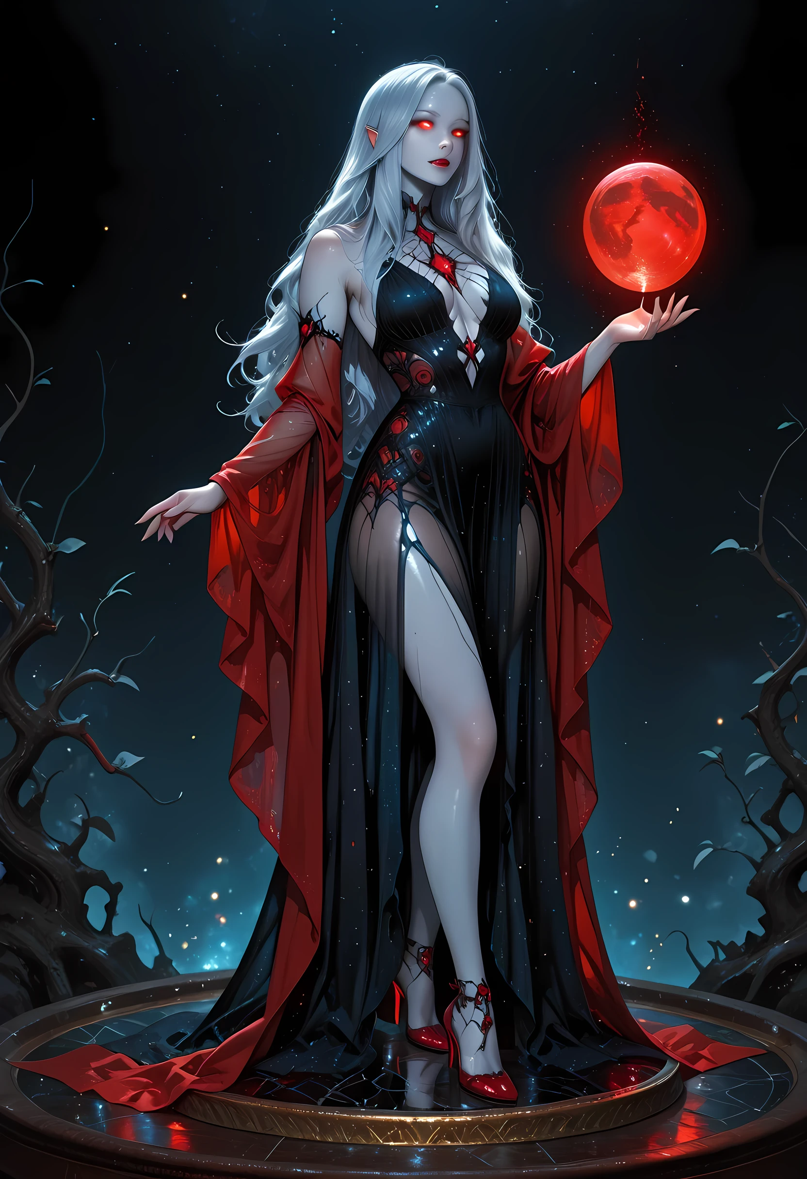 an art deco glass figurine of an epic beautiful female vampire, ghostly beauty, wearing transluminescent dress, black silk dress, intricate dress, transluminescent dress, transparent dress, red sleeves, wearing high heels, epic beautiful female vampire, pale skin perfect body, ghostly beauty, serene beauty, lush hair, long hair, red glowing eyes, vampire fangs, stars entwined in the woman's hair, light caress the woman, moon light caress the dress, fantasy art, night time, the moon rises, creating award winning, photorealism, depth of field, Art Deco Masterpiece, best quality, amazing quality, hyper-detailed, newest, very aesthetic, full body, (ultra details, Masterpiece, best quality), realistic art, , realistic art, fantasy art, dnd art, fantasy art, glass figurine art, novuschroma54 style