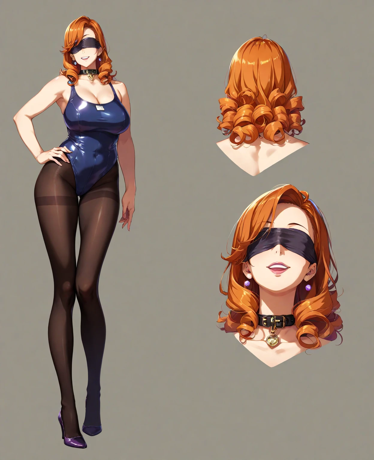 ((masterpiece)), (((best quality))), (character design sheet, same character, front, side, back), Illustration, (masterpiece), (best quality), (high res), 1lady, tall body, beautiful detailed eyes, beautiful detailed face, smiling, (perfect hands), complete fingers, perfect anatomy, perfect proportions, ((ginger hair, curly hair, ponytail)), ((green eyes)), ((tight leotard, one piece leotard, light blue leotard, sky blue leotard, blue theme, cheeky leotard, thong leotard, matching leotard, long tight sleeve, heart-shaped boob window, cleavage, tight turtle-neck collar, navy blue stockings on legs)), ((boots, matching boots, skin tight boots, tight ankle-high boots, navy blue boots)), breasts, large breasts, (full body portrait), solo, solo focus, standing, character sheet, multiple angles, wearing the same clothing for each angle, identical look per angle, (long sleeves, navy blue gloves), (navy blue heart symbol on chest), full body costume design. (simple background, white background: 1.3) ,--6
