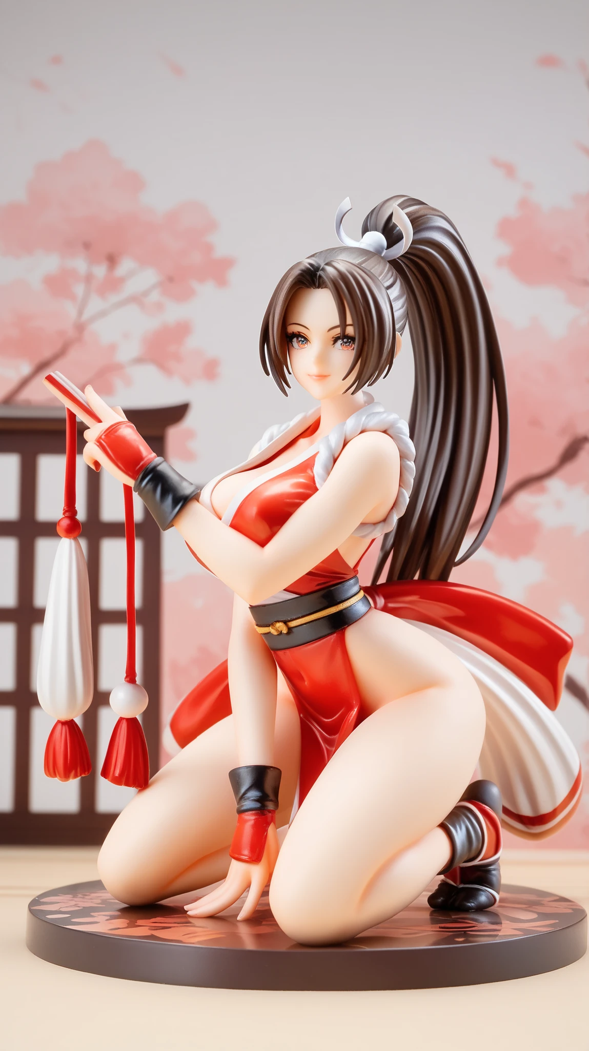 Mai shiranui, (best quality,ultra-detailed),(realistic:1.37), beautiful and detailed face, ultra-realistic texture, delicate face, delicate body, red lipstick, vivid colors. High definition, 8K. athletic body.
