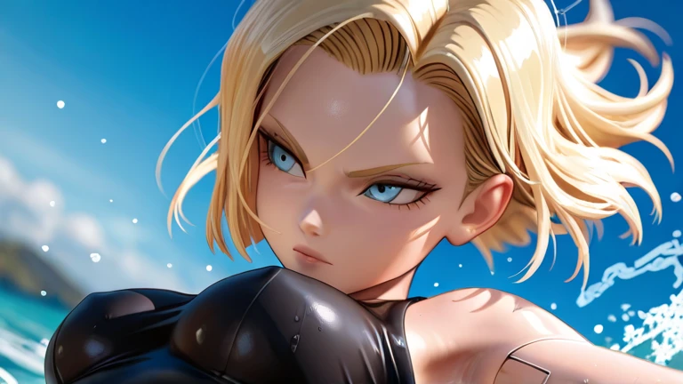 masterpiece, Highest quality,  Unreal Engine,  Super Resolution,  Very detailed, 

Beautiful woman, Android 18, Android 18, blonde, blue eyes, eyelash, hoop Earrings, short hair, Earrings, Oiled Rubber Suit, Vivid expression, Healthy Body, Beautifully detailed sweat glands, Smooth skin texture, Carefully drawn, 

(humidity:1.2), Beautiful Eyes, (Attractive face:1.2), (Beautiful Skin), (Big Breasts), Puffy nipples, (Sticky with sweat), In a dynamic pose,

In the world of Dragon Ball, Outdoor, At the Beach 