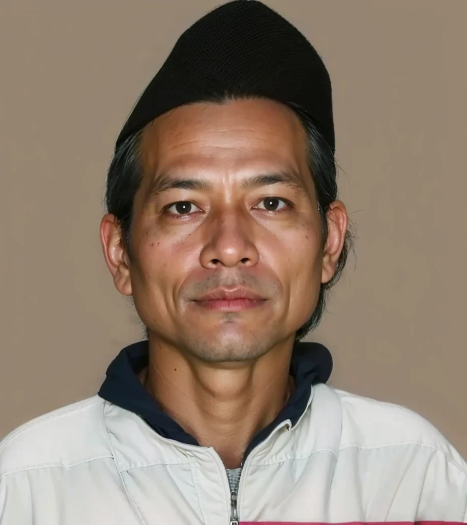 a 50 year old Indonesian man with brown skin, wearing a black songkok, wearing light brown clothes, real realistic and natural